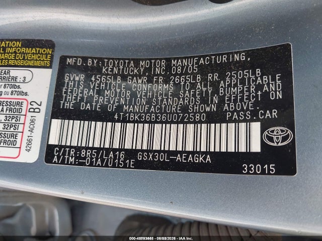 45793448 :رقم المزاد ، 4T1BK36B36U072580 vin ، 2006 Toyota Avalon Xls مزاد بيع