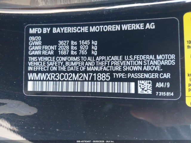 45793457 :رقم المزاد ، WMWXR3C02M2N71885 vin ، 2021 Mini Hardtop Cooper مزاد بيع