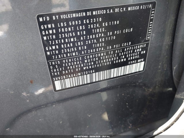 Aukcja sprzedaży 2018 Volkswagen Tiguan, vin: 3VV2B7AX4JM120164, numer aukcji: 45793460