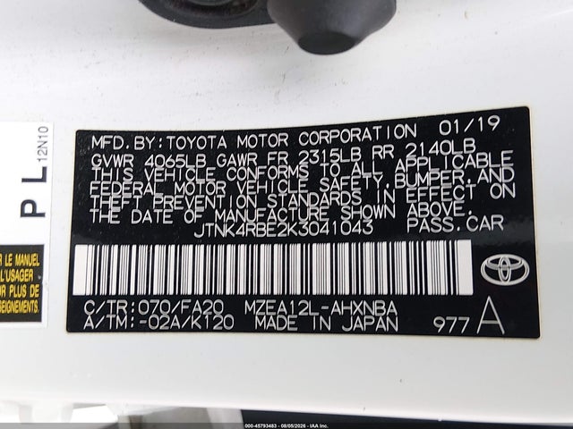 2019 Toyota Corolla Se მანქანა იყიდება აუქციონზე, vin: JTNK4RBE2K3041043, აუქციონის ნომერი: 45793483