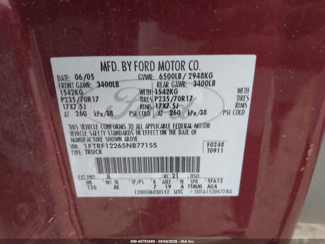 45793489 :رقم المزاد ، 1FTRF12265NB77155 vin ، 2005 Ford F-150 Stx/xl/xlt مزاد بيع