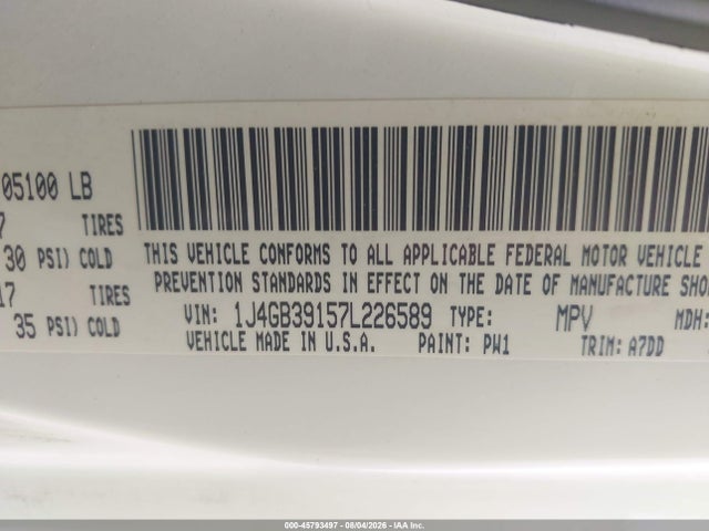 45793497 :رقم المزاد ، 1J4GB39157L226589 vin ، 2007 Jeep Wrangler Unlimited X مزاد بيع