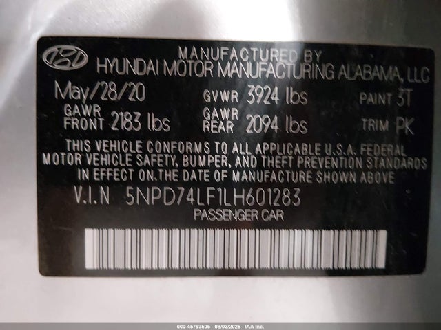 5NPD74LF1LH601283 Hyundai ELANTRA SE