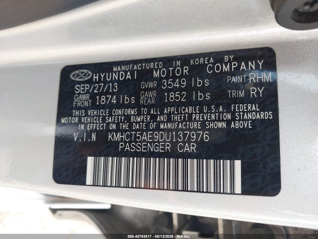 2013 Hyundai Accent Gs მანქანა იყიდება აუქციონზე, vin: KMHCT5AE9DU137976, აუქციონის ნომერი: 45793517
