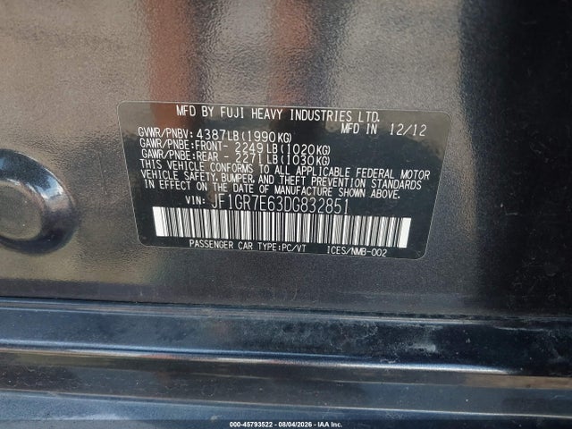 Aukcja sprzedaży 2013 Subaru Impreza Wrx Premium, vin: JF1GR7E63DG832851, numer aukcji: 45793522