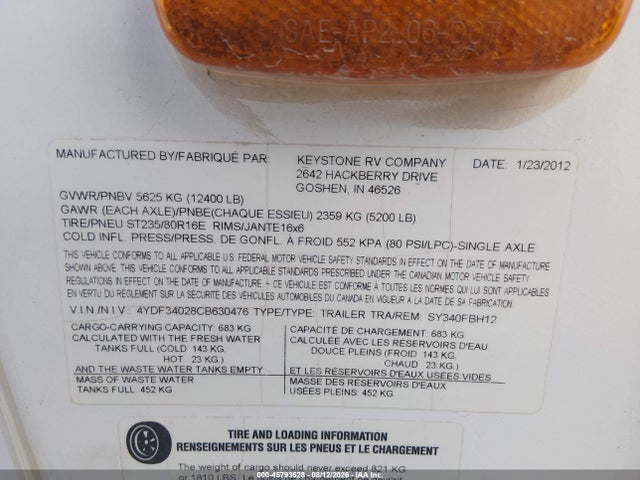 45793528 :رقم المزاد ، 4YDF34028CB630476 vin ، 2012 Keystone Outback مزاد بيع