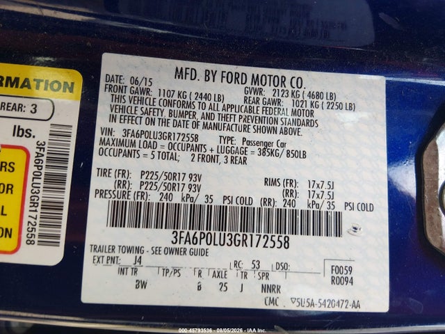 45793536 :رقم المزاد ، 3FA6P0LU3GR172558 vin ، 2016 Ford Fusion Hybrid Se مزاد بيع