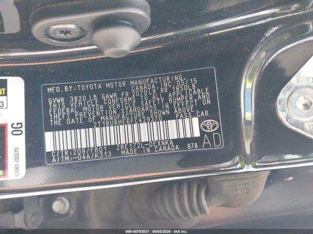 2015 Toyota Corolla Le მანქანა იყიდება აუქციონზე, vin: 2T1BURHE6FC429370, აუქციონის ნომერი: 45793537