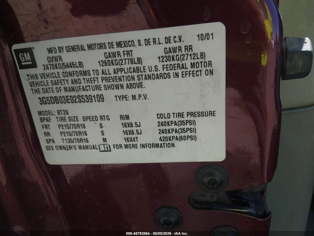 Aukcja sprzedaży 2002 Buick Rendezvous Cx, vin: 3G5DB03E02S539109, numer aukcji: 45793564