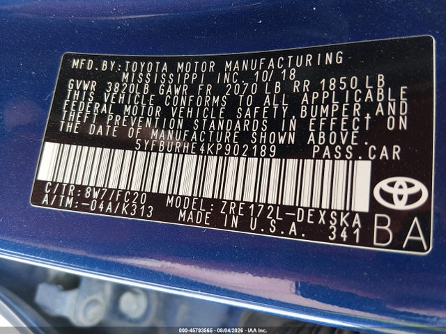2019 Toyota Corolla Se მანქანა იყიდება აუქციონზე, vin: 5YFBURHE4KP902189, აუქციონის ნომერი: 45793565
