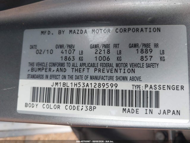 45793567 :رقم المزاد ، JM1BL1H53A1289599 vin ، 2010 Mazda Mazda3 S Sport مزاد بيع
