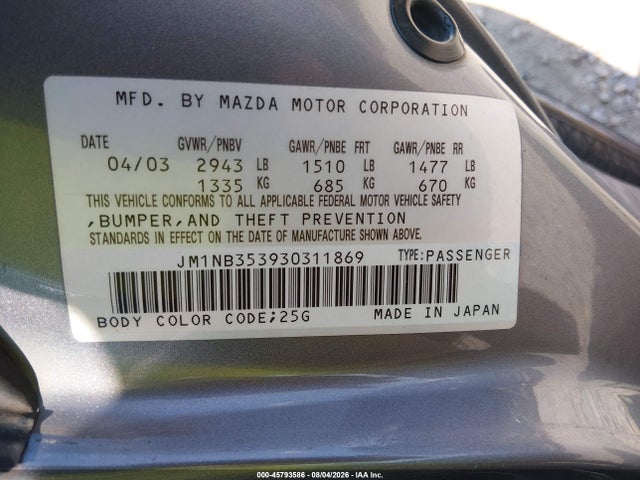 Aukcja sprzedaży 2003 Mazda Mx-5 Miata Cloth/ls/se/shinsen, vin: JM1NB353930311869, numer aukcji: 45793586