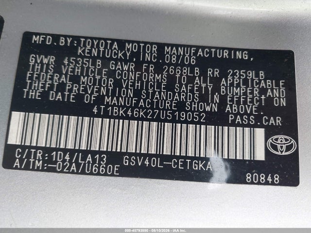 2007 Toyota Camry Xle V6 მანქანა იყიდება აუქციონზე, vin: 4T1BK46K27U519052, აუქციონის ნომერი: 45793590