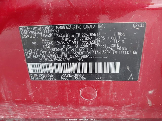 Продажа на аукционе авто 2011 Toyota Rav4, vin: 2T3ZF4DV7BW078180, номер лота: 45793595