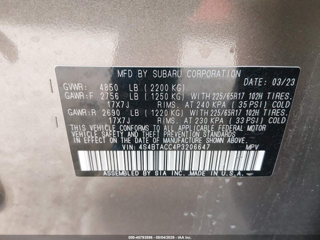 2023 Subaru Outback Premium მანქანა იყიდება აუქციონზე, vin: 4S4BTACC4P3206647, აუქციონის ნომერი: 45793596