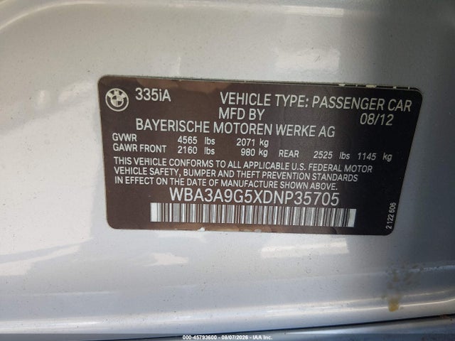 Aukcja sprzedaży 2013 Bmw 335i, vin: WBA3A9G5XDNP35705, numer aukcji: 45793600
