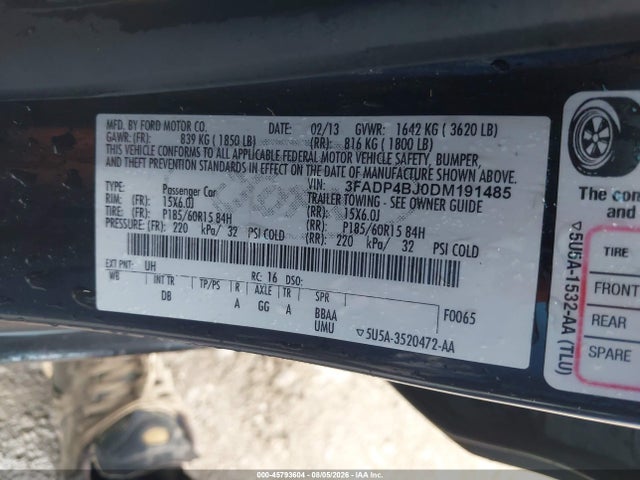 2013 Ford Fiesta Se მანქანა იყიდება აუქციონზე, vin: 3FADP4BJ0DM191485, აუქციონის ნომერი: 45793604