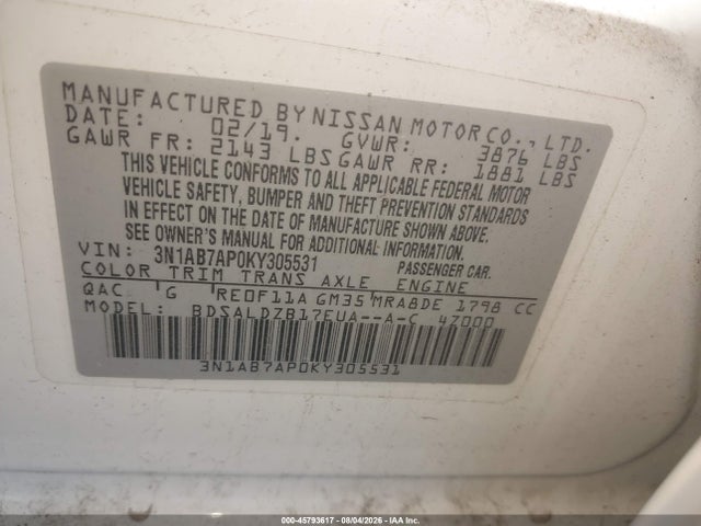 Aukcja sprzedaży 2019 Nissan Sentra Sv, vin: 3N1AB7AP0KY305531, numer aukcji: 45793617