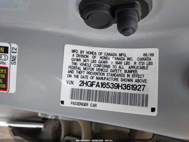 2009 Honda Civic Lx მანქანა იყიდება აუქციონზე, vin: 2HGFA16539H361927, აუქციონის ნომერი: 45793631