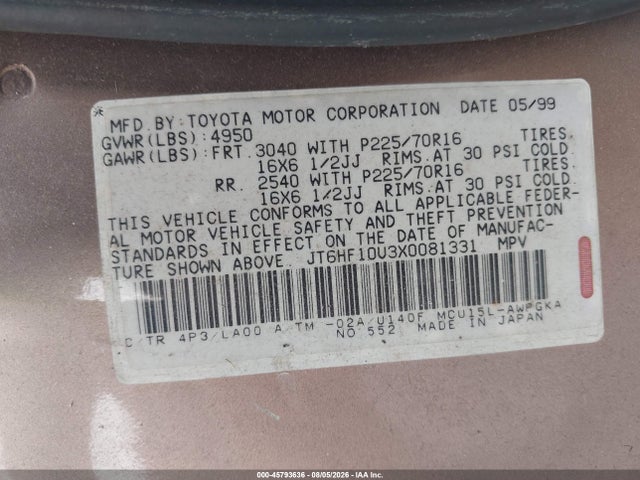 Продаж на аукціоні авто 1999 Lexus Rx 300, vin: JT6HF10U3X0081331, номер лоту: 45793636