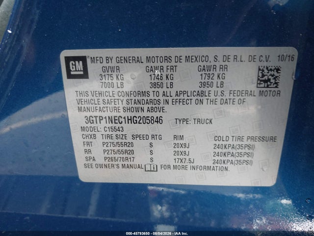 45793650 :رقم المزاد ، 3GTP1NEC1HG205846 vin ، 2017 Gmc Sierra 1500 Slt مزاد بيع