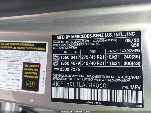 45793654 :رقم المزاد ، 4JGFF5KE1LA289060 vin ، 2020 Mercedes-benz Gls 450 4matic مزاد بيع