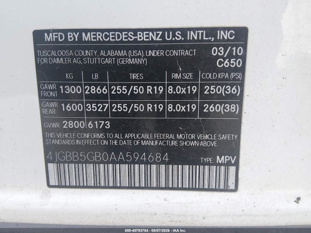 Aukcja sprzedaży 2010 Mercedes-benz Ml 350, vin: 4JGBB5GB0AA594684, numer aukcji: 45793704