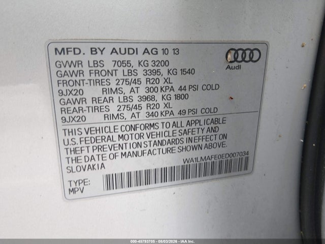 Продаж на аукціоні авто 2014 Audi Q7 3.0 Tdi Premium, vin: WA1LMAFE0ED007034, номер лоту: 45793705
