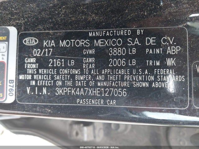 Aukcja sprzedaży 2017 Kia Forte Lx, vin: 3KPFK4A7XHE127056, numer aukcji: 45793718