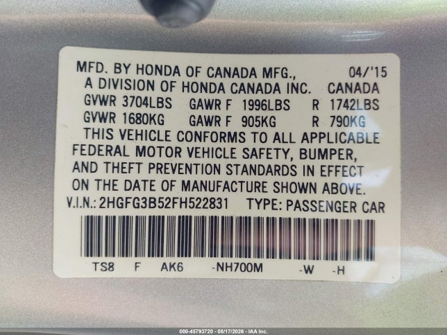 Aukcja sprzedaży 2015 Honda Civic Lx, vin: 2HGFG3B52FH522831, numer aukcji: 45793720