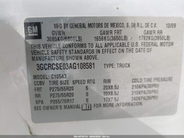 Продаж на аукціоні авто 2010 Chevrolet Silverado 1500 Lt, vin: 3GCRCSE03AG108581, номер лоту: 45793724