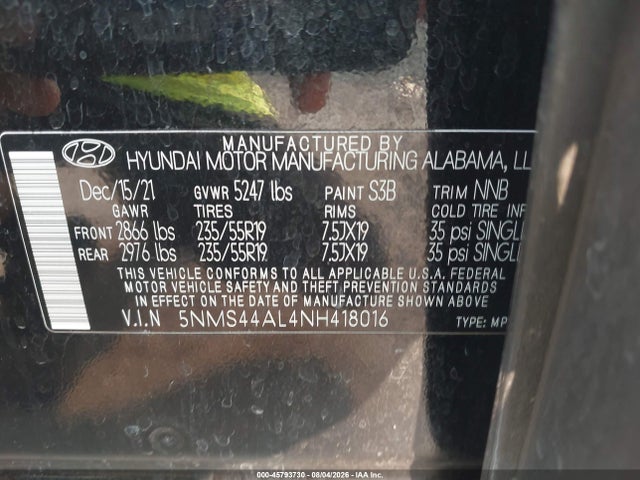 2022 Hyundai Santa Fe Limited მანქანა იყიდება აუქციონზე, vin: 5NMS44AL4NH418016, აუქციონის ნომერი: 45793730
