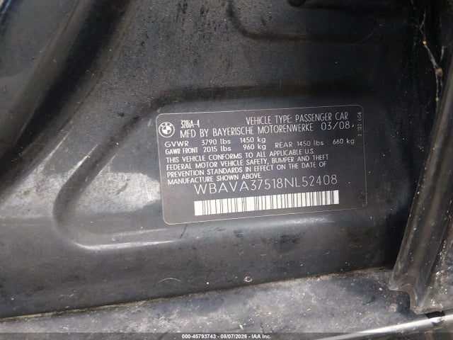 2008 Bmw 328i მანქანა იყიდება აუქციონზე, vin: WBAVA37518NL52408, აუქციონის ნომერი: 45793743