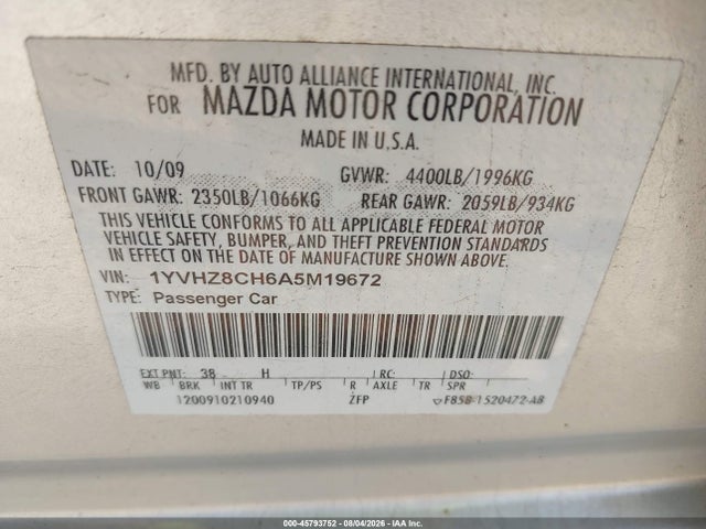 Aukcja sprzedaży 2010 Mazda Mazda6 I Touring, vin: 1YVHZ8CH6A5M19672, numer aukcji: 45793752