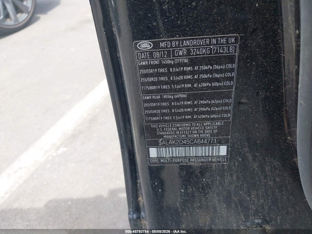 Aukcja sprzedaży 2012 Land Rover Lr4, vin: SALAK2D45CA644771, numer aukcji: 45793754