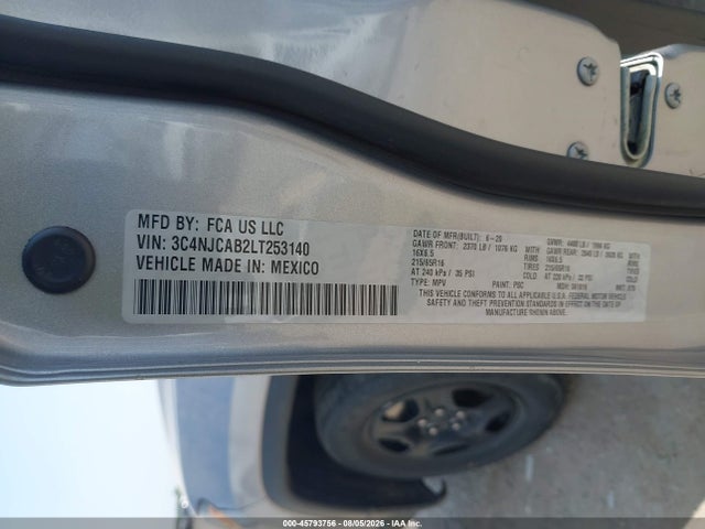 2020 Jeep Compass Sport Fwd მანქანა იყიდება აუქციონზე, vin: 3C4NJCAB2LT253140, აუქციონის ნომერი: 45793756