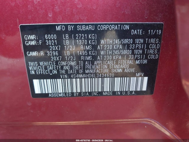45793780 :رقم المزاد ، 4S4WMAHD6L3434630 vin ، 2020 Subaru Ascent Premium مزاد بيع