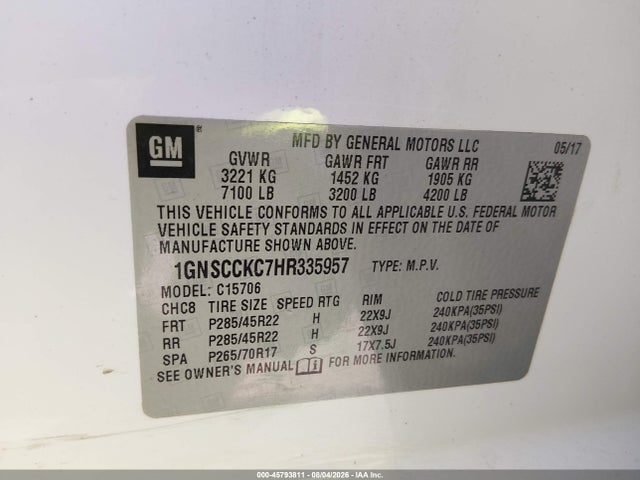 45793811 :رقم المزاد ، 1GNSCCKC7HR335957 vin ، 2017 Chevrolet Tahoe Premier مزاد بيع