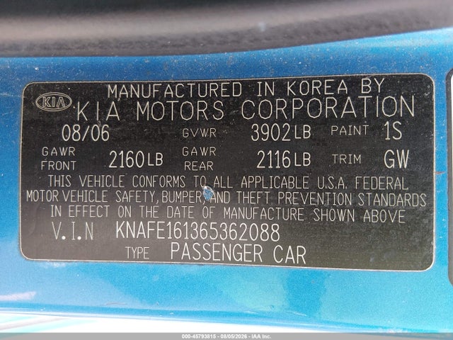 45793815 :رقم المزاد ، KNAFE161365362088 vin ، 2006 Kia Spectra5 مزاد بيع