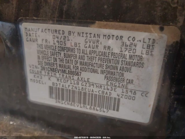 45793819 :رقم المزاد ، 3N1CN8EV1ML886567 vin ، 2021 Nissan Versa Sv Xtronic Cvt مزاد بيع