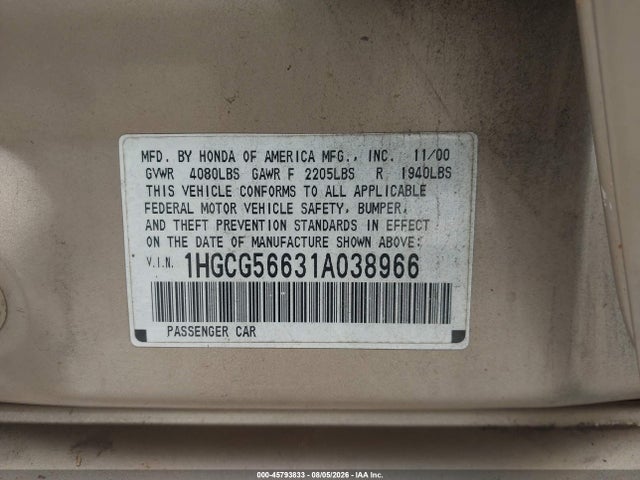 45793833 :رقم المزاد ، 1HGCG56631A038966 vin ، 2001 Honda Accord 2.3 Ex مزاد بيع