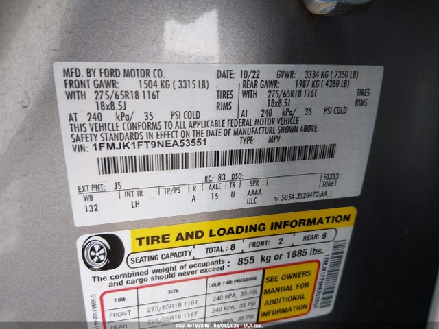 45793846 :رقم المزاد ، 1FMJK1FT9NEA53551 vin ، 2022 Ford Expedition Xl Max مزاد بيع