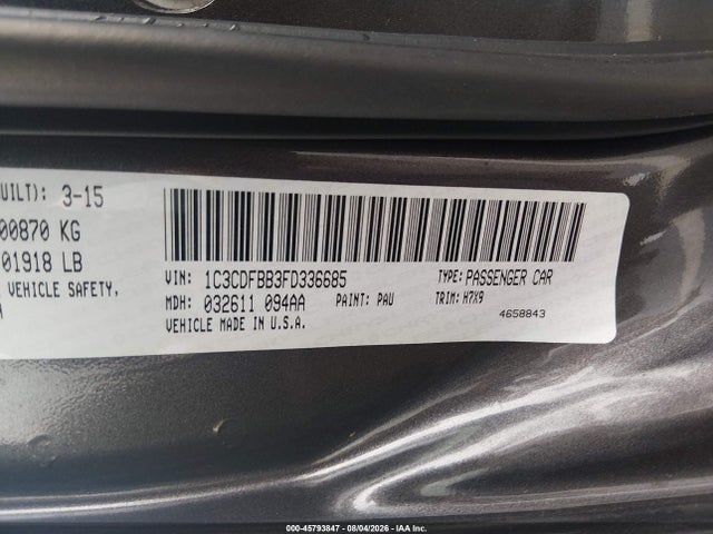 45793847 :رقم المزاد ، 1C3CDFBB3FD336685 vin ، 2015 Dodge Dart Sxt مزاد بيع