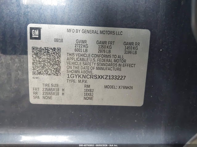 45793853 :رقم المزاد ، 1GYKNCRSXKZ133227 vin ، 2019 Cadillac Xt5 Luxury مزاد بيع