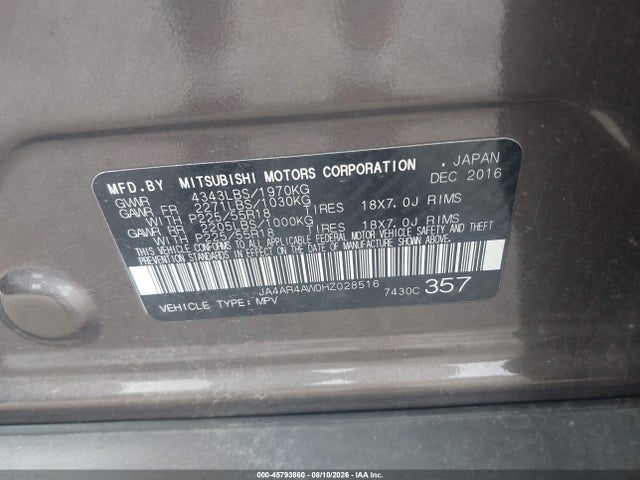 45793860 :رقم المزاد ، JA4AR4AW0HZ028516 vin ، 2017 Mitsubishi Outlander Sport 2.4 Gt مزاد بيع