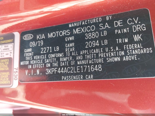 Aukcja sprzedaży 2020 Kia Forte Gt Manual, vin: 3KPF44AC2LE171648, numer aukcji: 45793868