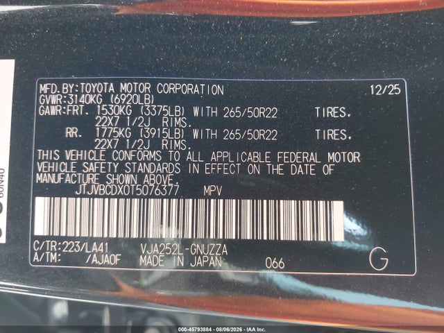 Aukcja sprzedaży 2026 Lexus Gx 550 Luxury+, vin: JTJVBCDX0T5076377, numer aukcji: 45793884