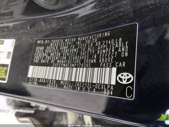 45793896 :رقم المزاد ، 5YFEPMAE0MP179395 vin ، 2021 Toyota Corolla Le مزاد بيع