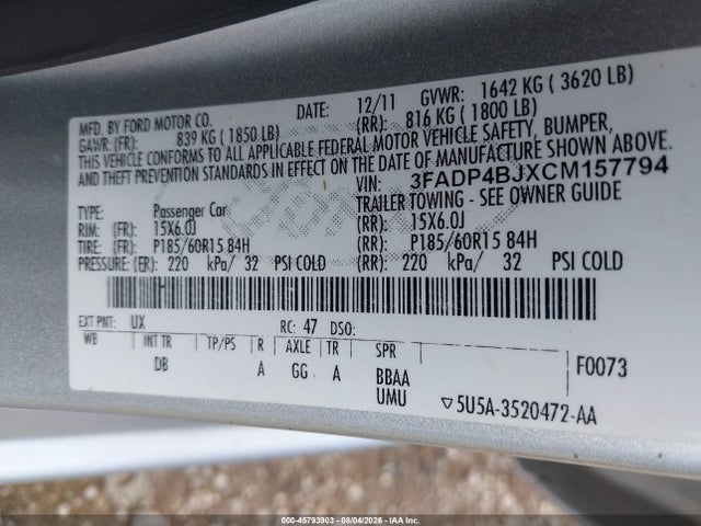 Продаж на аукціоні авто 2012 Ford Fiesta Se, vin: 3FADP4BJXCM157794, номер лоту: 45793903