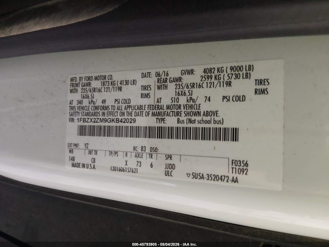 1FBZX2ZM9GKB42029 Ford Transit-350 Xl